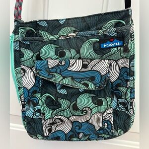 Kavu Wave Swirl Design Crossbody Bag in Black, Teal, Blue and White